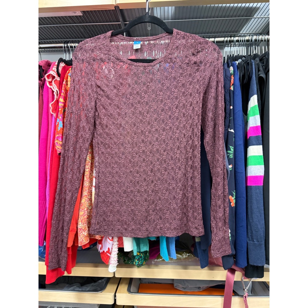 Womens Small Burgundy Purple Floral Lace LS Sheer Crew Neck Top Goth Coquette